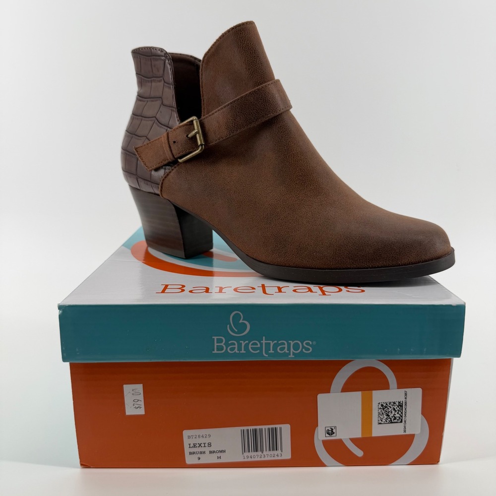 Baretraps Lexis Ankle Boots Brown Croc Embossed Side Zip Block Heel Women 9 NEW